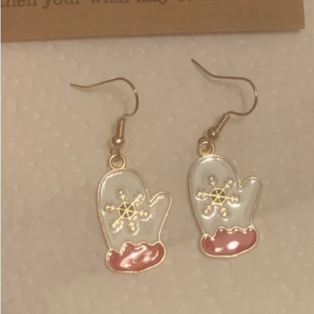 Christmas Holiday Mitten Earrings White  gold enamel  Gold Ear Wires. NEW NWT